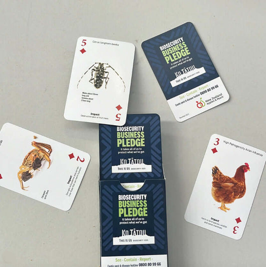 Custom poker-sized playing cards with biosecurity designs on a table.